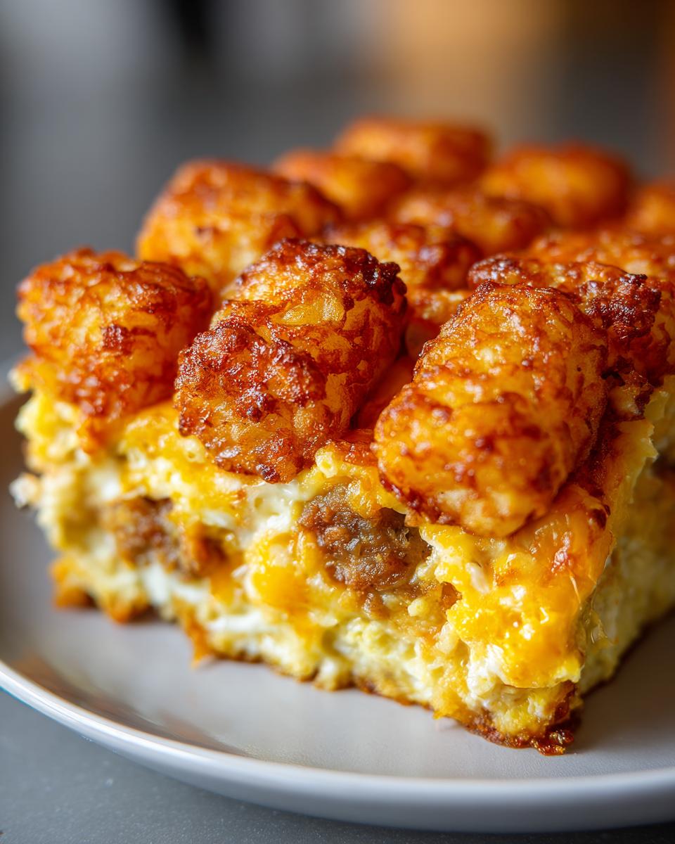 A close-up of a delicious slice of Tater Tot Breakfast Casserole, featuring crispy tater tots, melted cheese, and sausage.