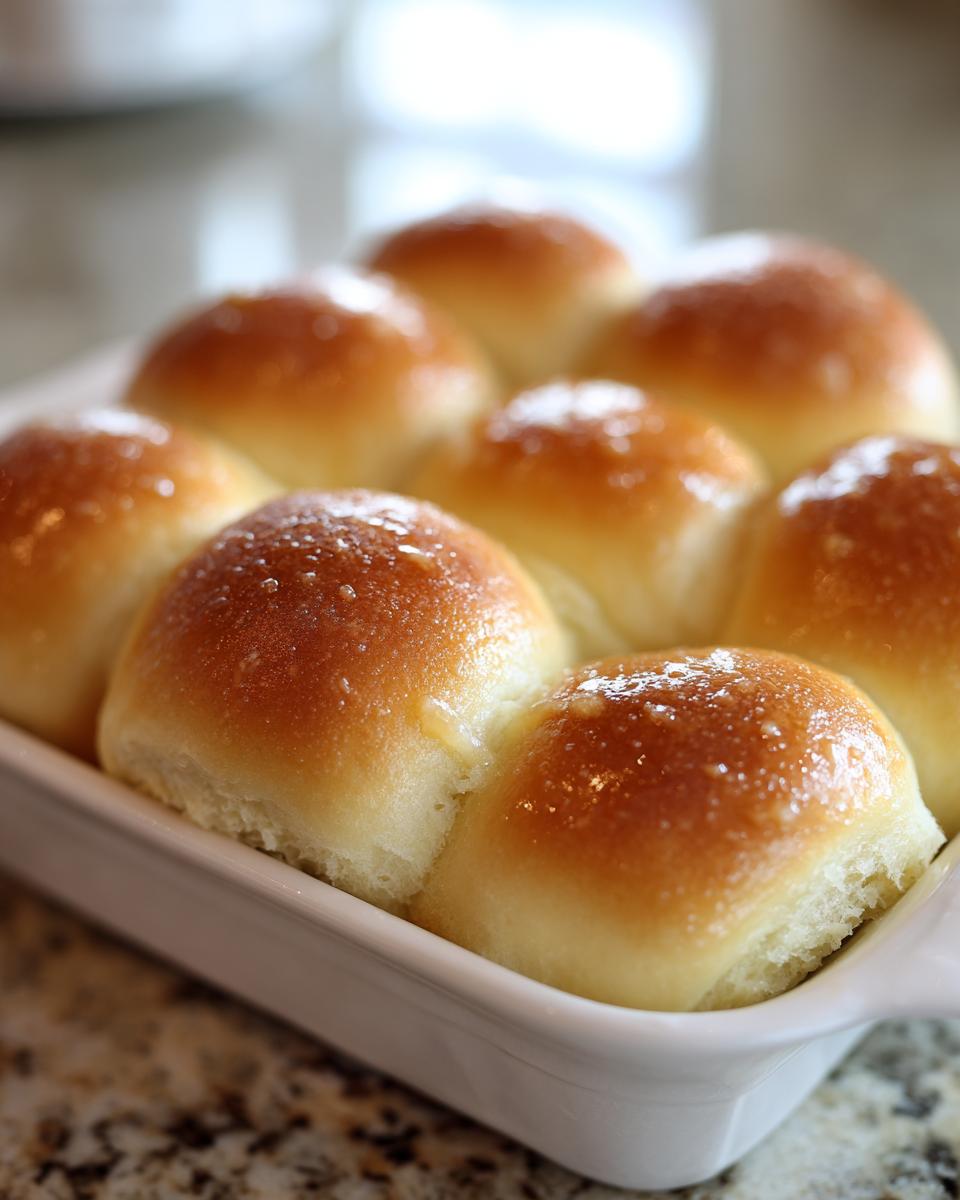Close-up of freshly baked Texas Roadhouse rolls glistening with butter in a white baking dish.