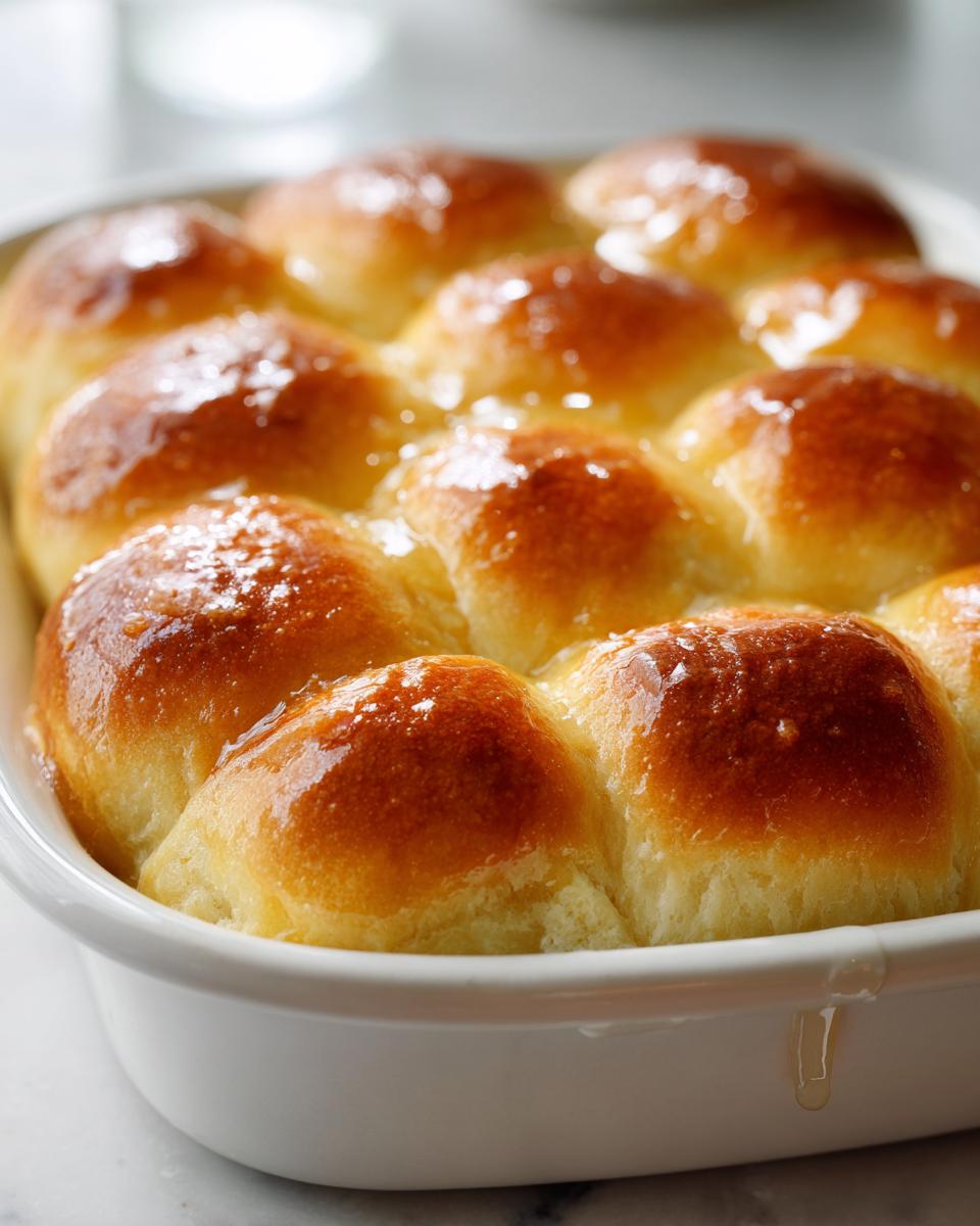 Close-up of golden brown, fluffy Texas Roadhouse rolls baked in a white dish, glistening with butter.