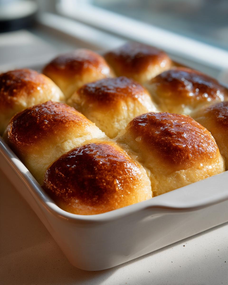 A close-up of freshly baked Texas Roadhouse rolls in a white baking dish, glistening with butter.