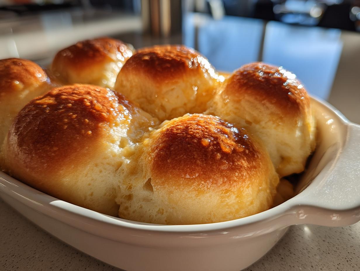 Close-up of warm, golden Texas Roadhouse rolls glistening with butter in a white baking dish.