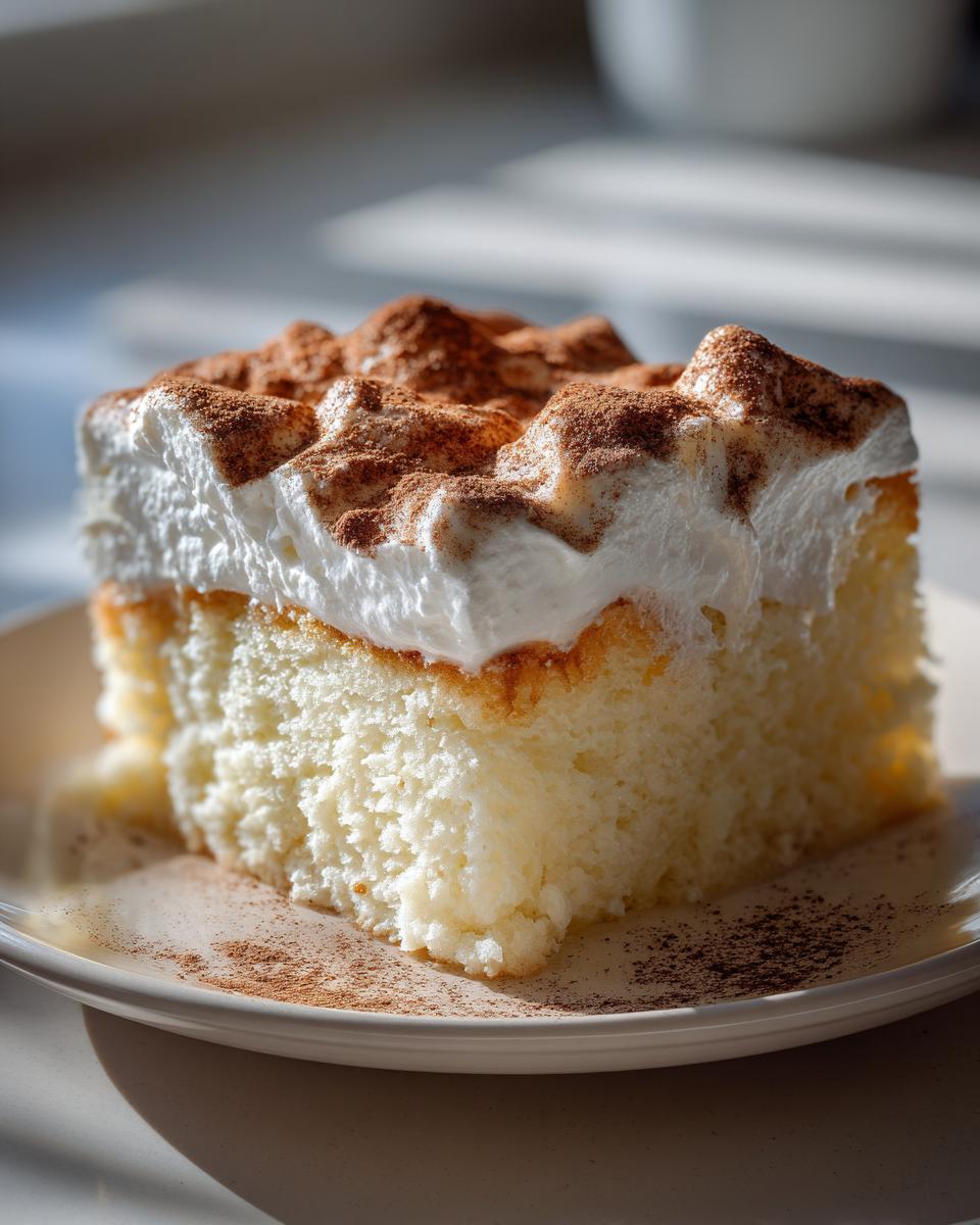 A close-up of a slice of moist Tres leches cake topped with whipped cream and dusted with cinnamon.