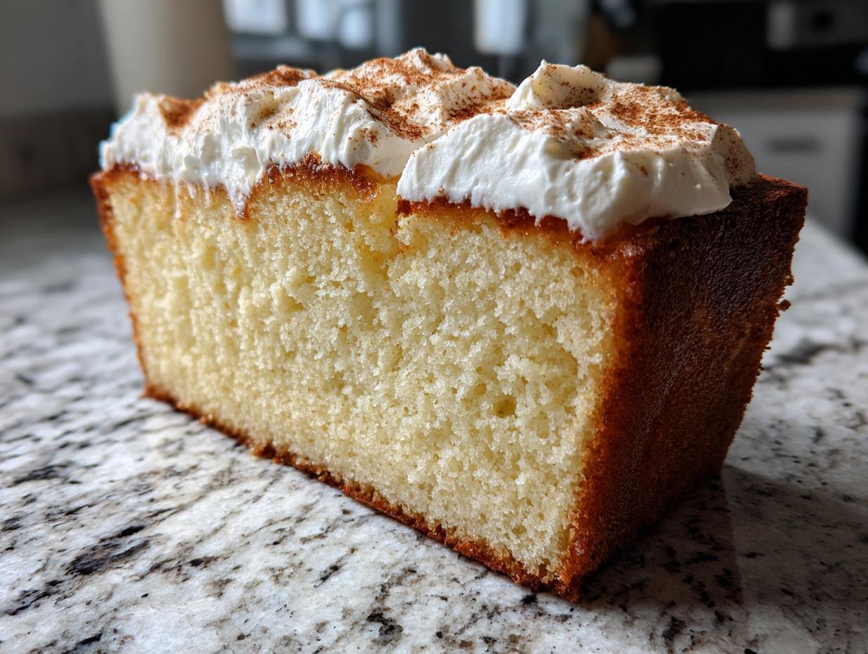 A close-up of a slice of moist Tres leches cake topped with whipped cream and cinnamon.