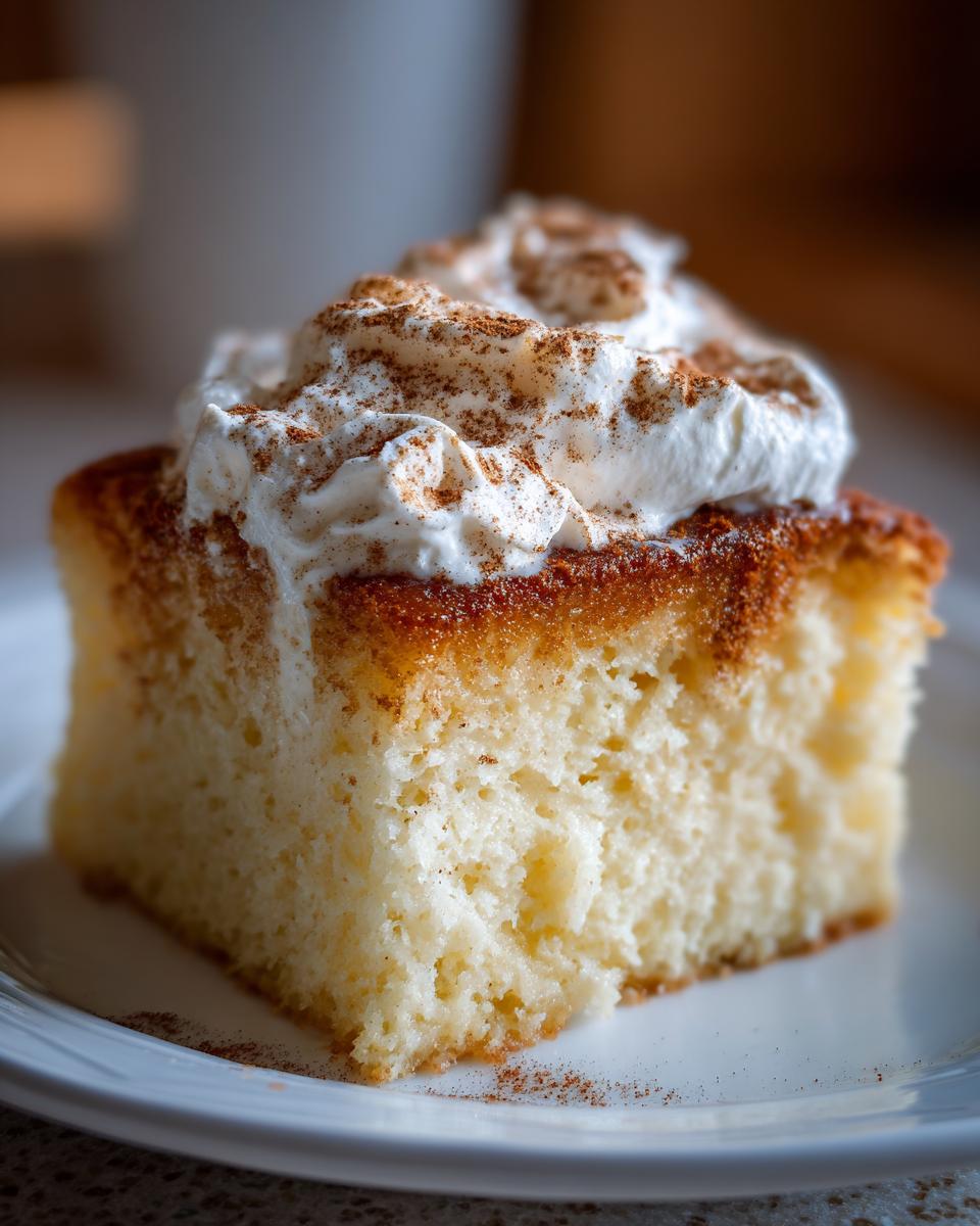 A close-up of a slice of moist Tres leches cake topped with whipped cream and dusted with cinnamon.