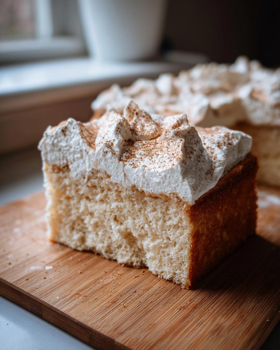 A close-up of a moist Tres leches cake slice topped with whipped cream and a sprinkle of cinnamon on a wooden board.
