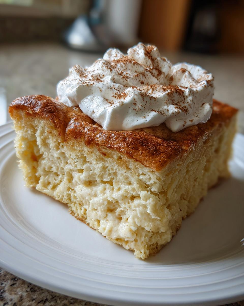 A slice of moist Tres leches cake topped with whipped cream and a dusting of cinnamon.
