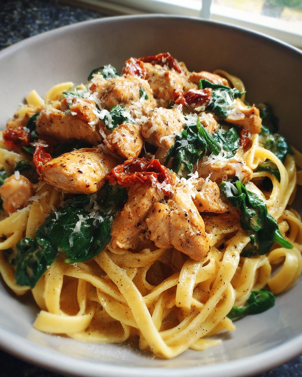 A close-up of Tuscan chicken pasta featuring fettuccine noodles, seasoned chicken pieces, spinach, and sun-dried tomatoes, topped with Parmesan cheese.