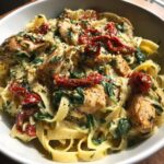 A close-up of Tuscan chicken pasta featuring fettuccine, creamy sauce, chicken pieces, spinach, and sun-dried tomatoes.