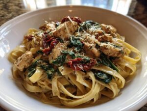 A close-up of Tuscan chicken pasta featuring fettuccine noodles, tender chicken pieces, spinach, and sun-dried tomatoes in a creamy sauce.