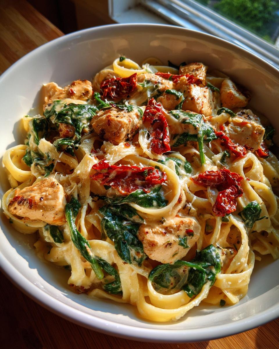 A close-up of Tuscan chicken pasta with creamy sauce, spinach, sun-dried tomatoes, and chicken pieces.