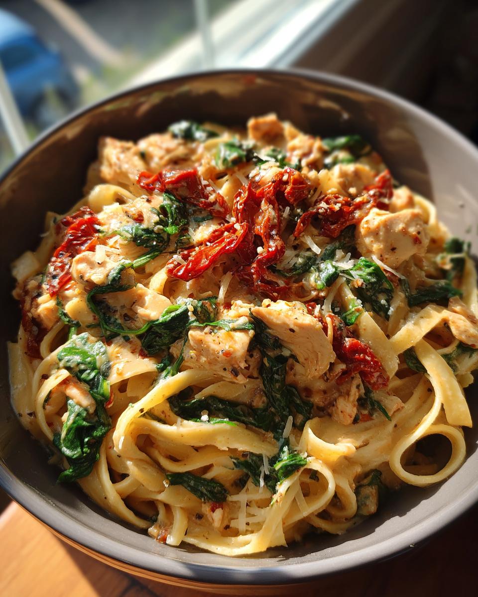 A close-up of a bowl of Tuscan chicken pasta, featuring fettuccine, chicken pieces, spinach, and sun-dried tomatoes in a creamy sauce.