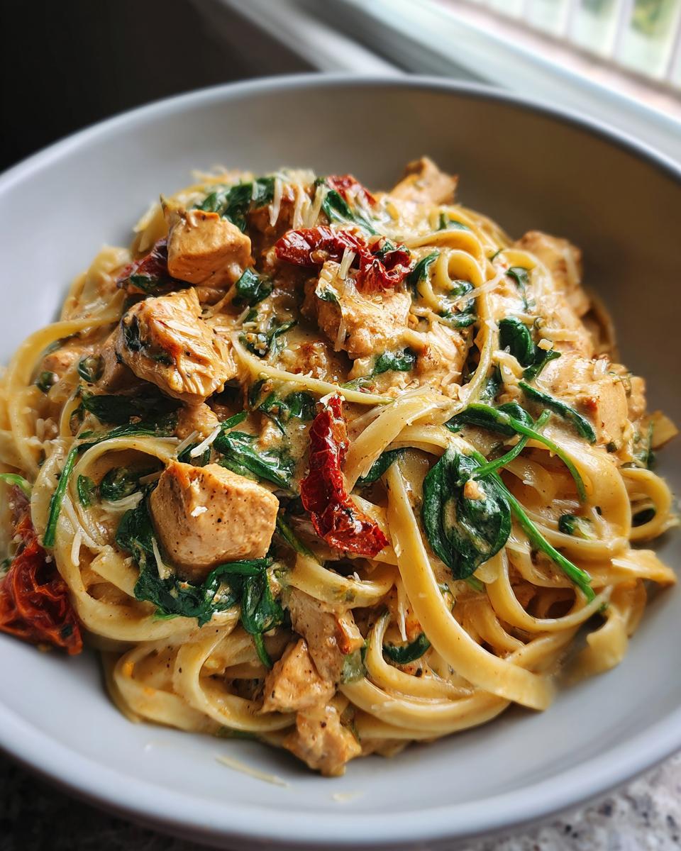 A close-up of creamy Tuscan chicken pasta with spinach, sun-dried tomatoes, and grated Parmesan cheese.