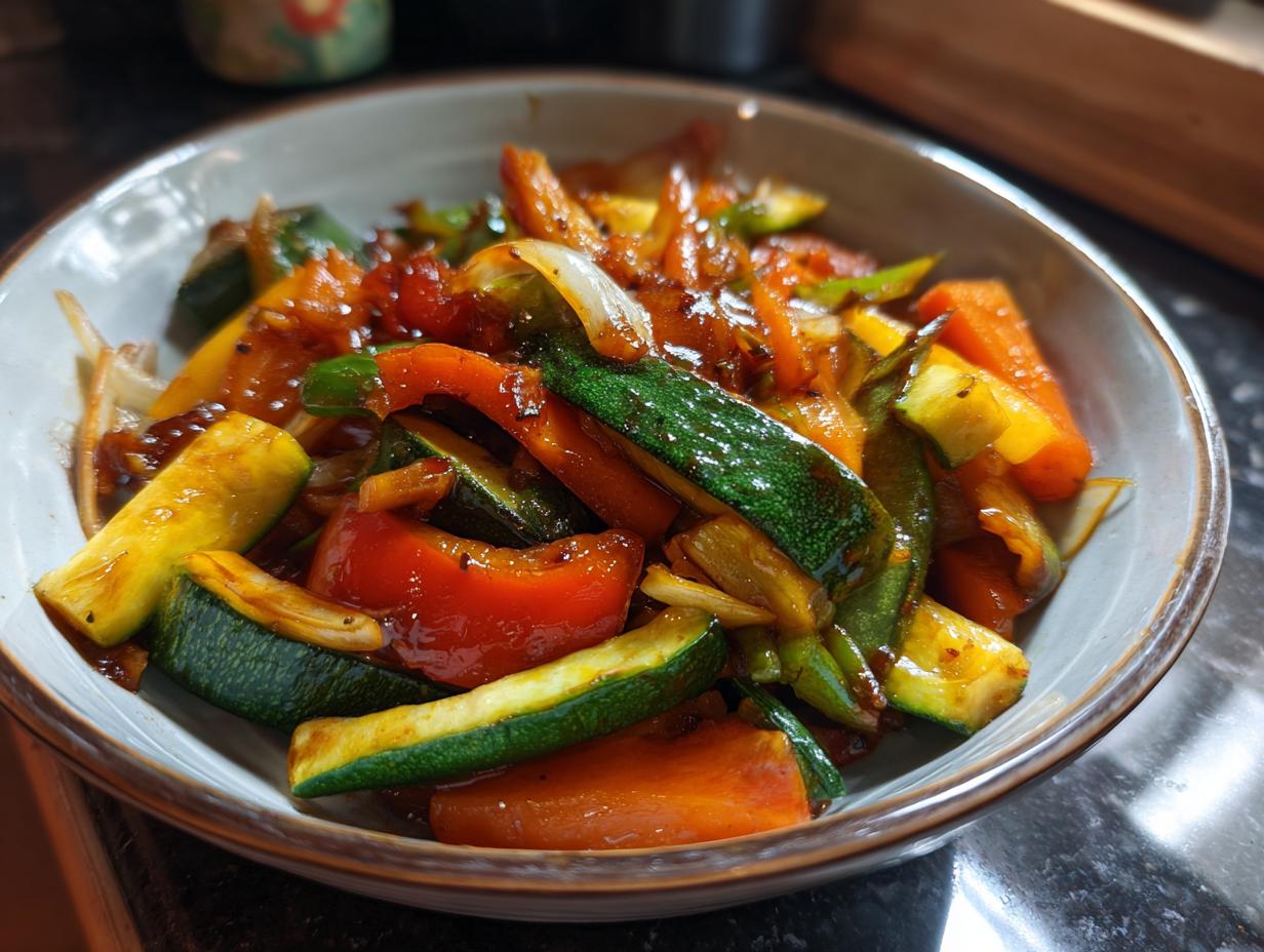 A close-up of a colorful vegetable stir fry in a bowl, featuring zucchini, bell peppers, and carrots coated in a glossy sauce.