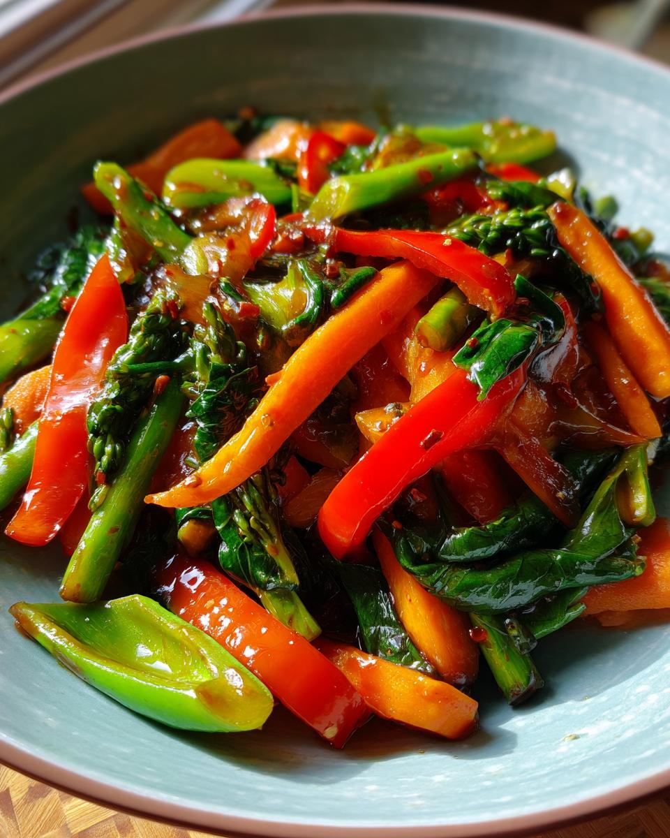 A close-up of a colorful vegetable stir fry featuring broccoli, red bell peppers, and carrots in a glossy sauce.