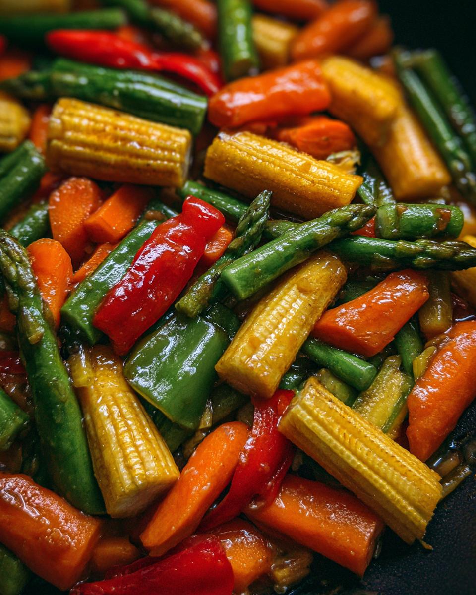 A vibrant close-up of a vegetable stir fry featuring baby corn, carrots, asparagus, and red bell peppers in a glossy sauce.
