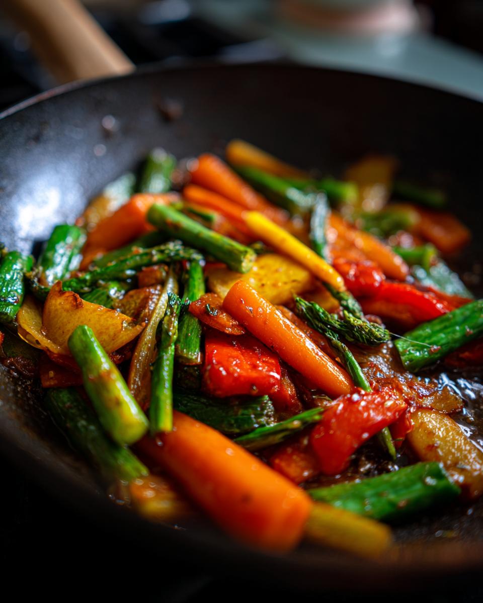 Close-up of a colorful vegetable stir fry with carrots, asparagus, and bell peppers sizzling in a pan.