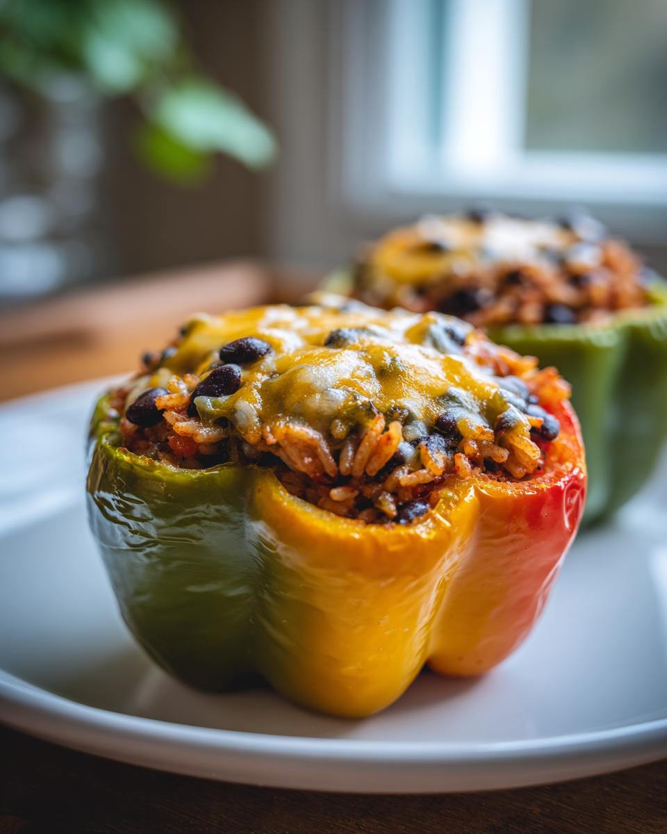 Close-up of two colorful vegetarian stuffed peppers filled with rice and black beans, topped with melted cheese.