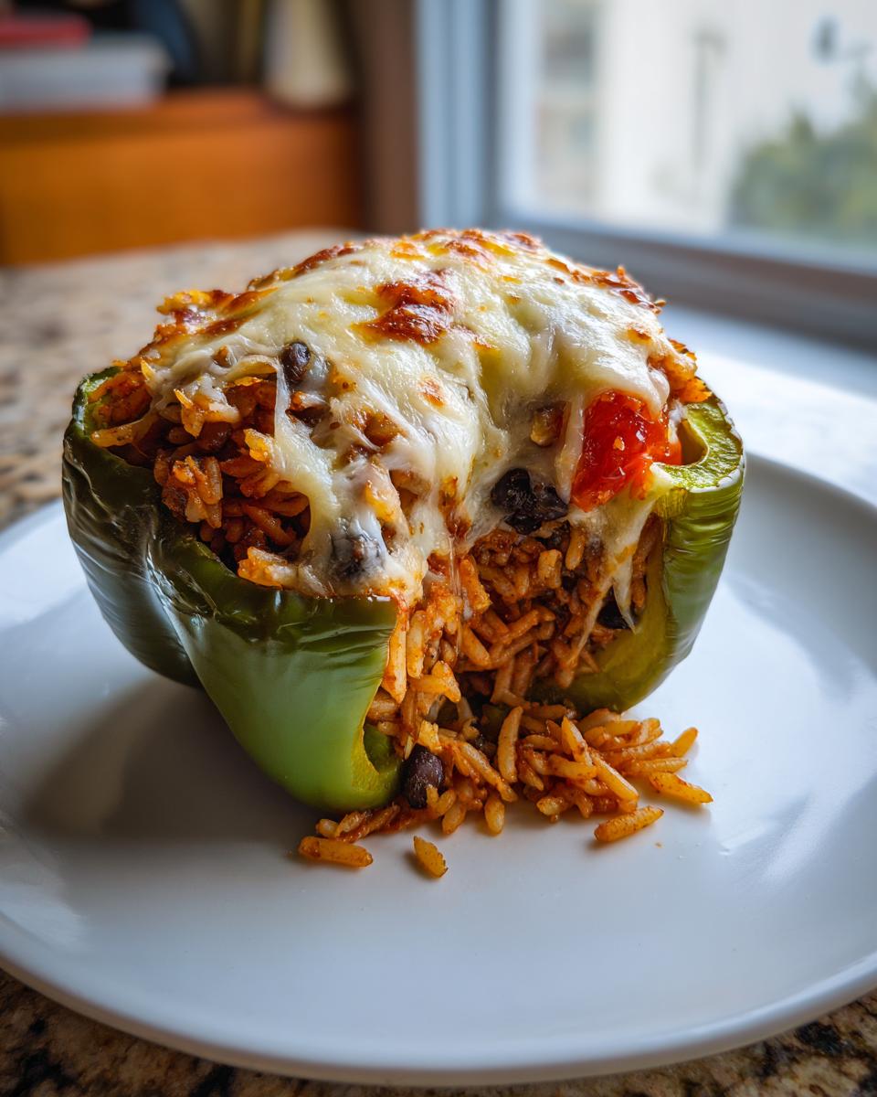 A close-up of a green bell pepper stuffed with rice, beans, and tomatoes, topped with melted cheese.