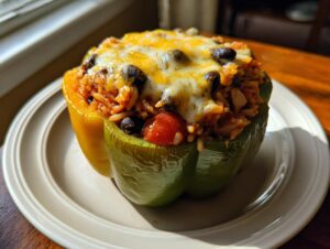 A close-up of a green bell pepper stuffed with rice, black beans, and tomatoes, topped with melted cheese. This is a vegetarian stuffed pepper.