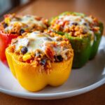Three colorful vegetarian stuffed peppers (yellow, red, and green) filled with rice, beans, and corn, topped with melted cheese.