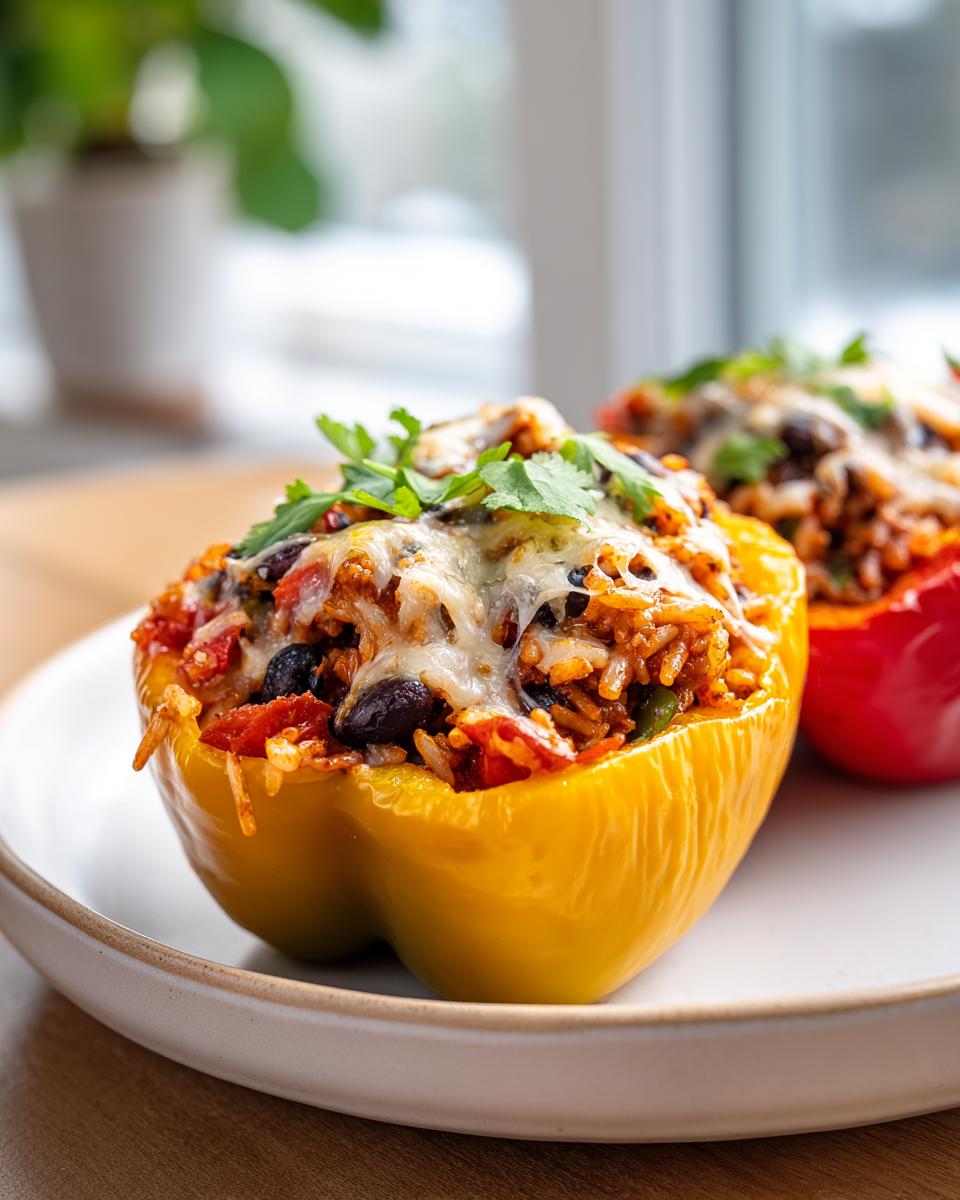 Close-up of a yellow bell pepper stuffed with rice, beans, and vegetables, topped with melted cheese and cilantro.