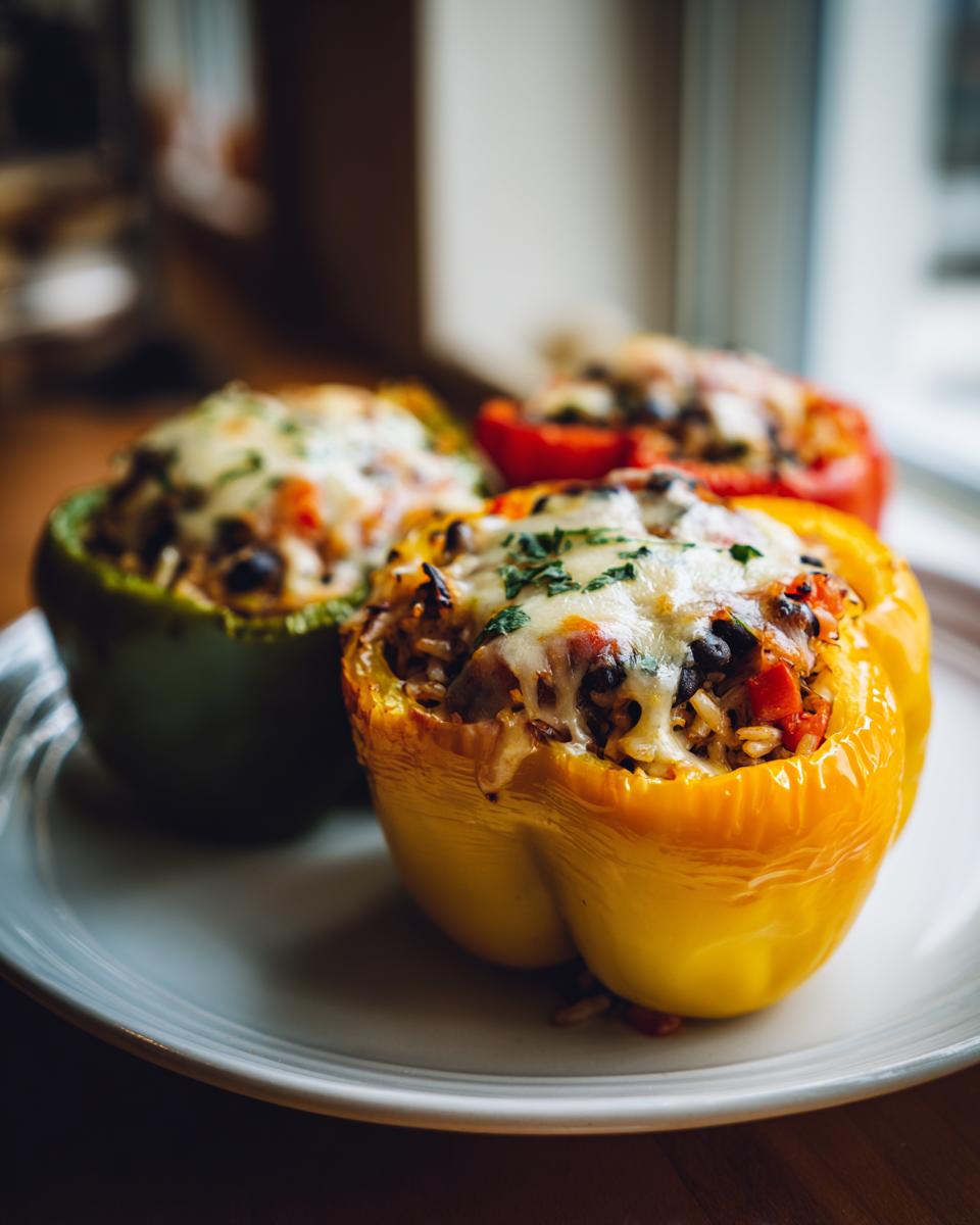 Three colorful vegetarian stuffed peppers (yellow, green, and red) filled with rice, beans, and vegetables, topped with melted cheese and parsley.