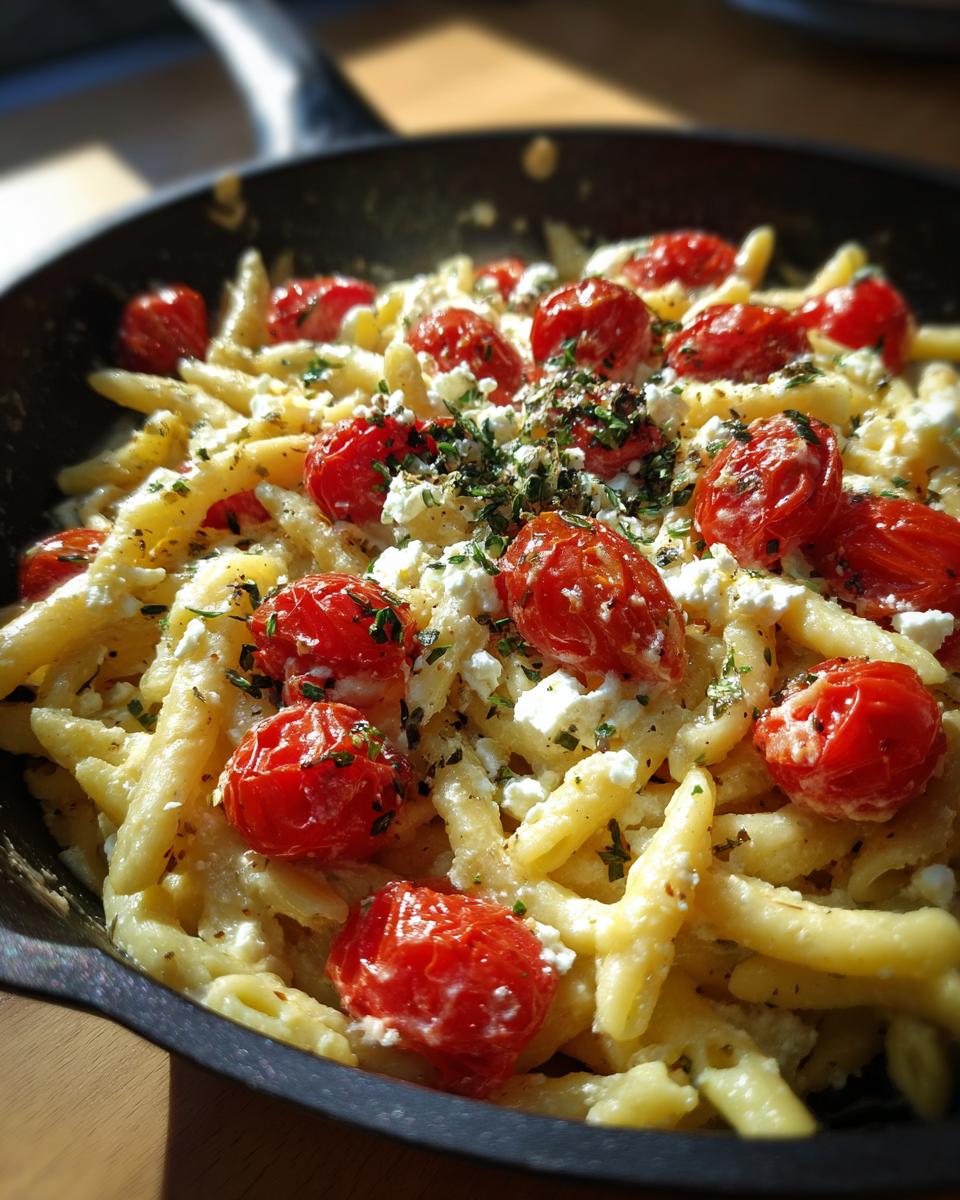 Close-up of viral baked feta pasta in a skillet, topped with roasted cherry tomatoes and fresh herbs.