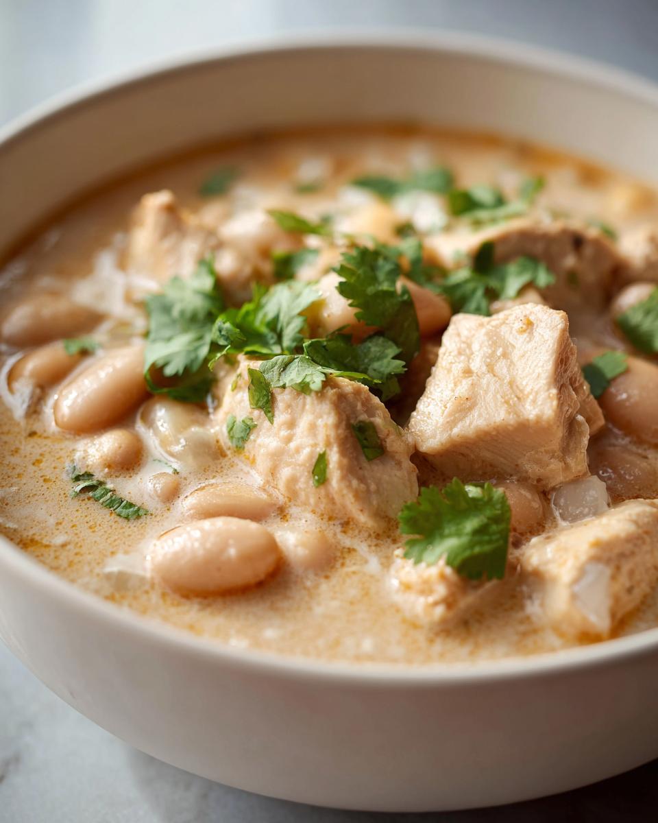 A close-up of a bowl of creamy white chicken chili, filled with tender chicken, white beans, and garnished with fresh cilantro.