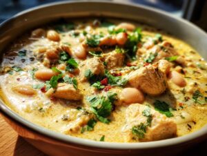 A close-up of a bowl of creamy white chicken chili, featuring tender chicken pieces, white beans, and fresh cilantro.