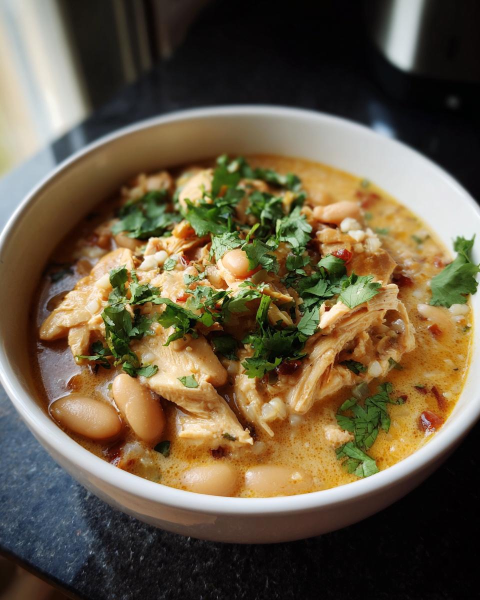 A close-up of a white bowl filled with hearty white chicken chili, featuring shredded chicken, white beans, and cilantro.