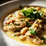 A close-up shot of a hearty bowl of White Chicken Chili, featuring shredded chicken, white beans, and fresh cilantro.