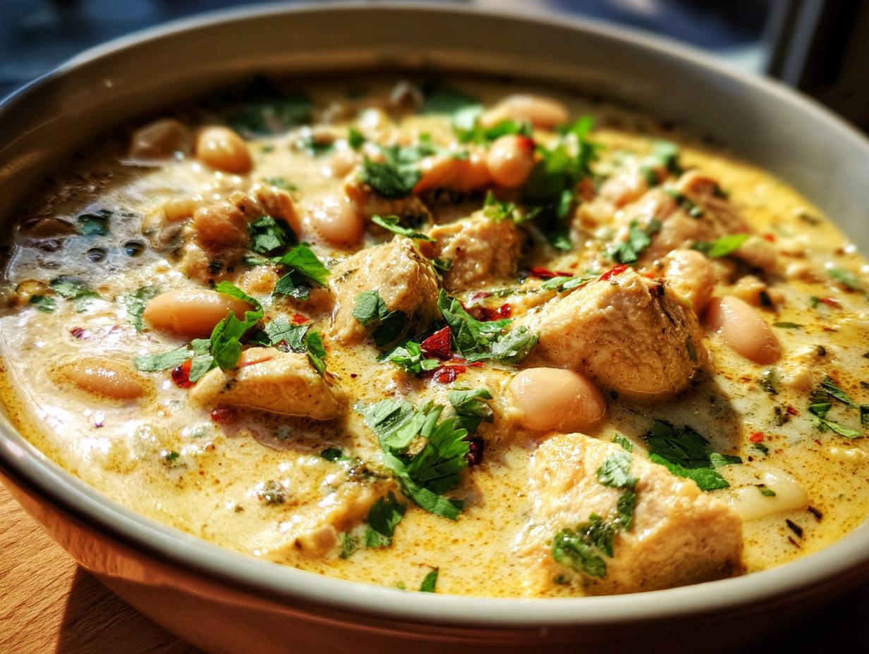 A close-up of a bowl of creamy white chicken chili, featuring tender chicken pieces, white beans, and fresh cilantro.