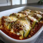 Close-up of baked zucchini lasagna roll ups topped with melted cheese and marinara sauce in a white baking dish.