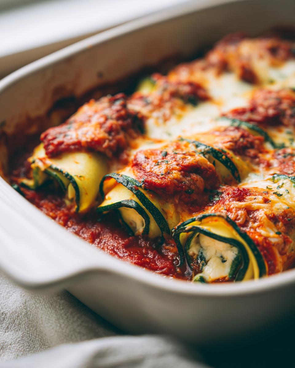 Close-up of baked zucchini lasagna roll ups in a white baking dish, covered in marinara sauce and melted cheese.