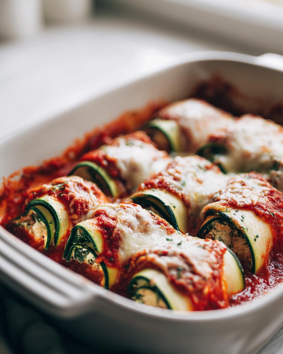 A close-up of delicious Zucchini Lasagna Roll Ups baked in a white dish with marinara sauce and melted cheese.