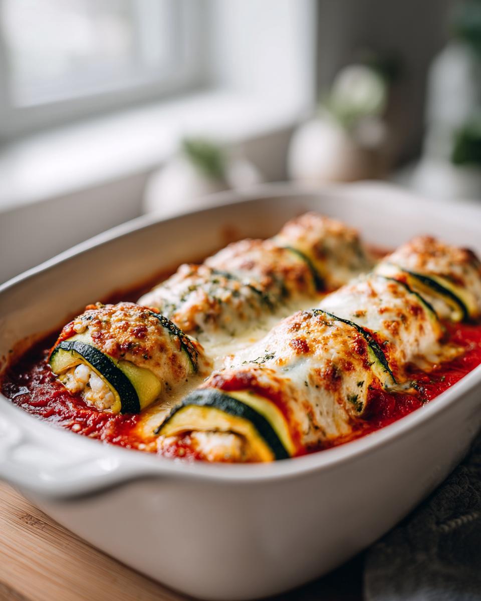 Close-up of baked zucchini lasagna roll ups in a white baking dish, covered in melted cheese and marinara sauce.