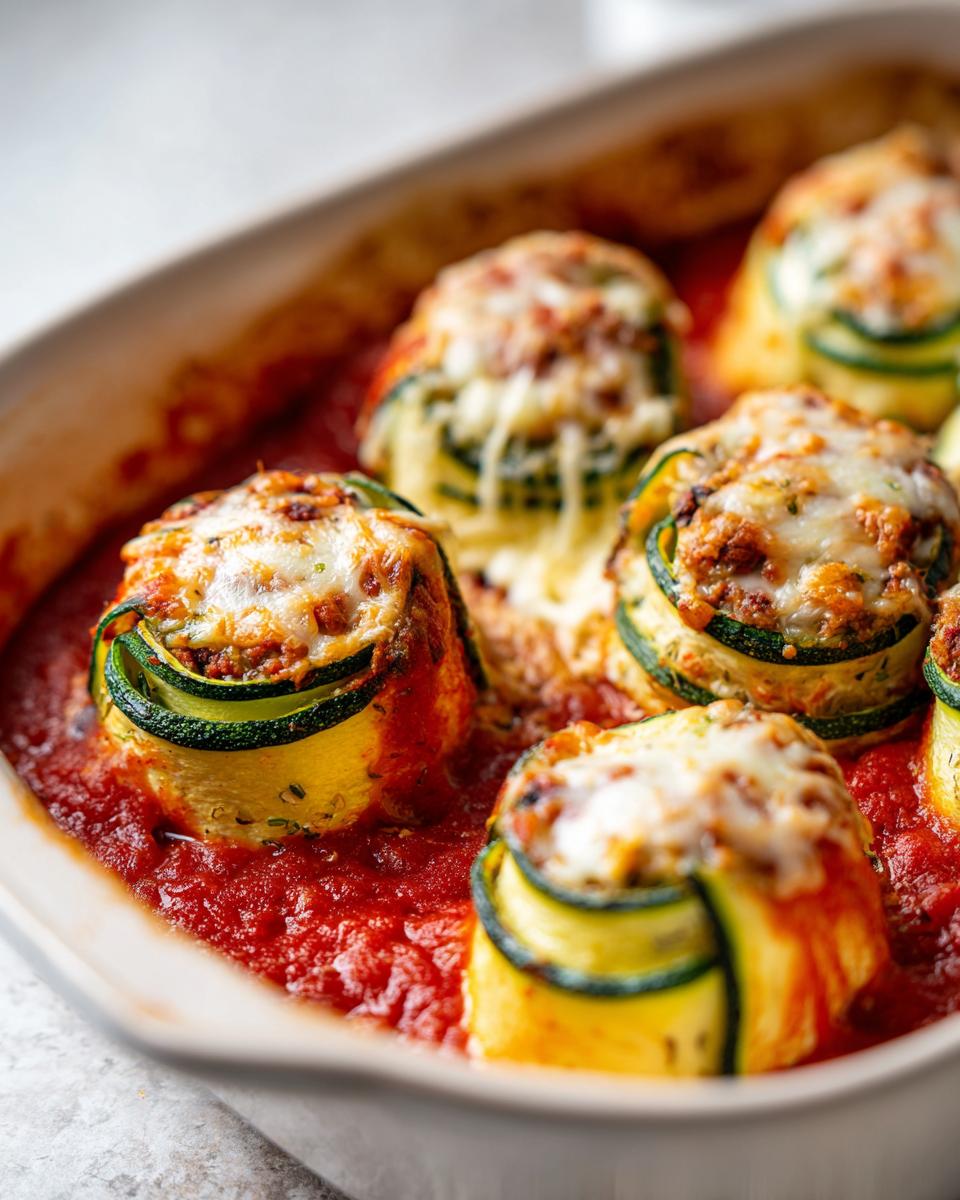 Close-up of baked zucchini lasagna roll ups topped with melted cheese in a rich tomato sauce.