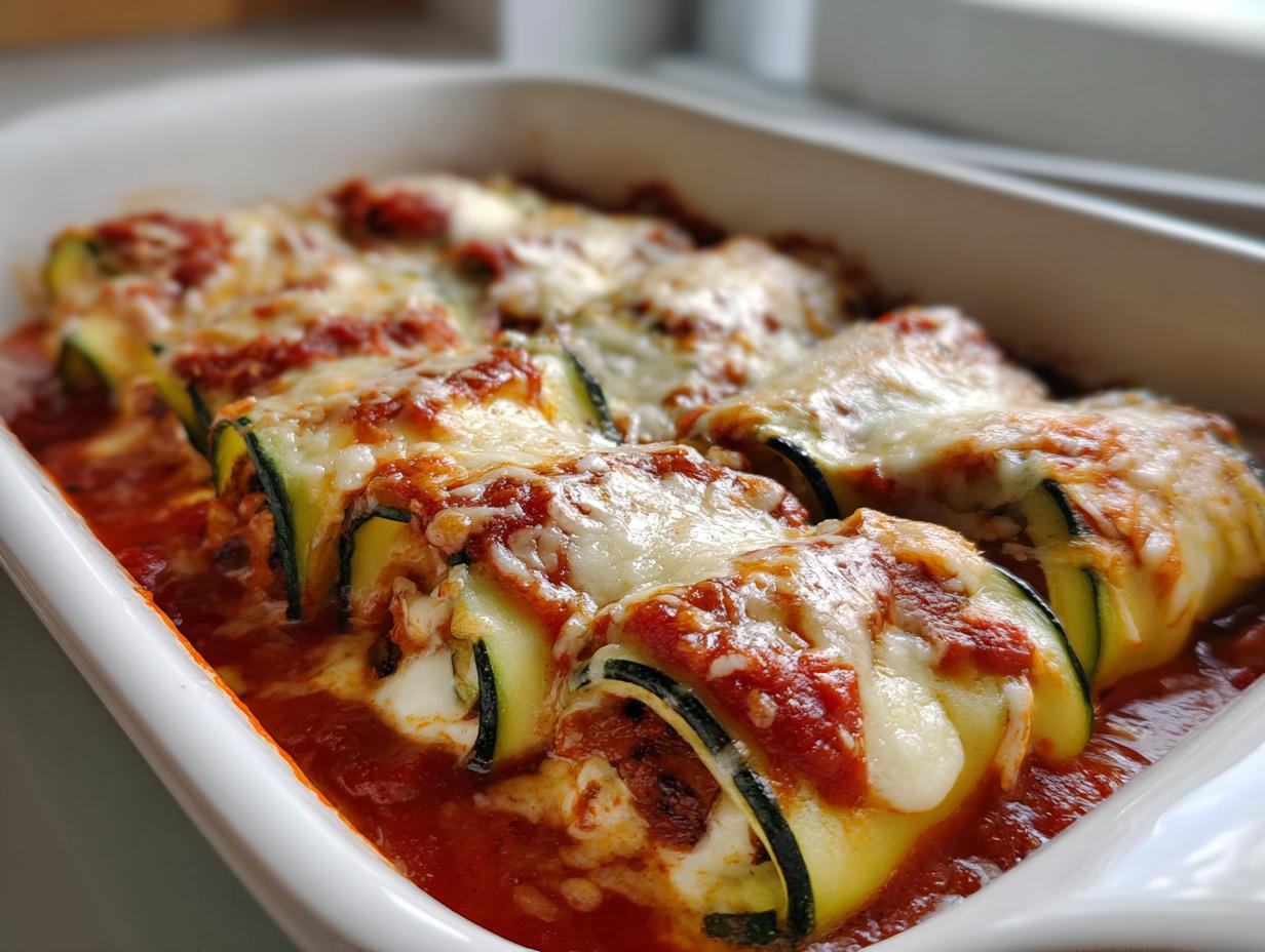 Close-up of baked zucchini lasagna roll ups covered in melted cheese and marinara sauce in a white baking dish.