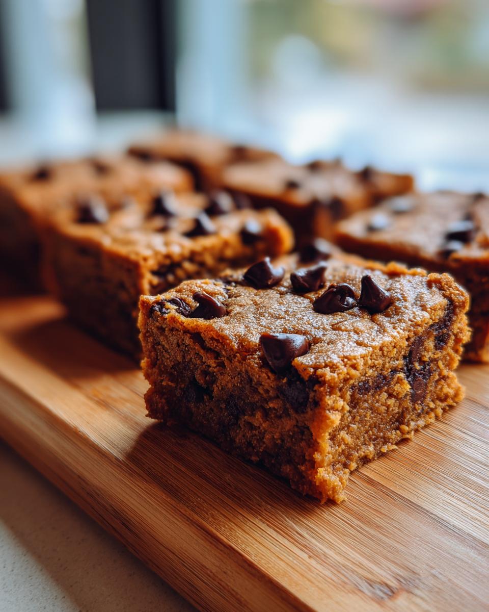 Close-up of a delicious chocolate chip blondie on a wooden board.