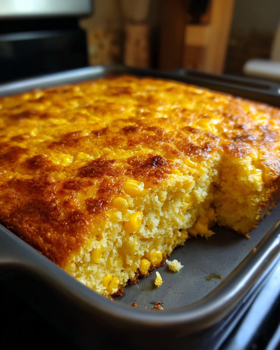 A close-up of a golden brown corn casserole with visible corn kernels, freshly baked in a pan.