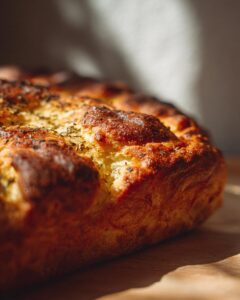 Close-up of a golden brown, crusty loaf of garlic bread topped with herbs.