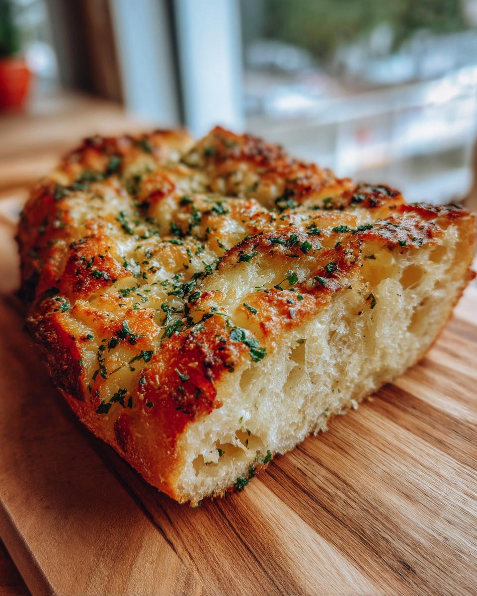 A golden-brown slice of amazing garlic bread, topped with melted cheese and herbs, resting on a wooden cutting board.