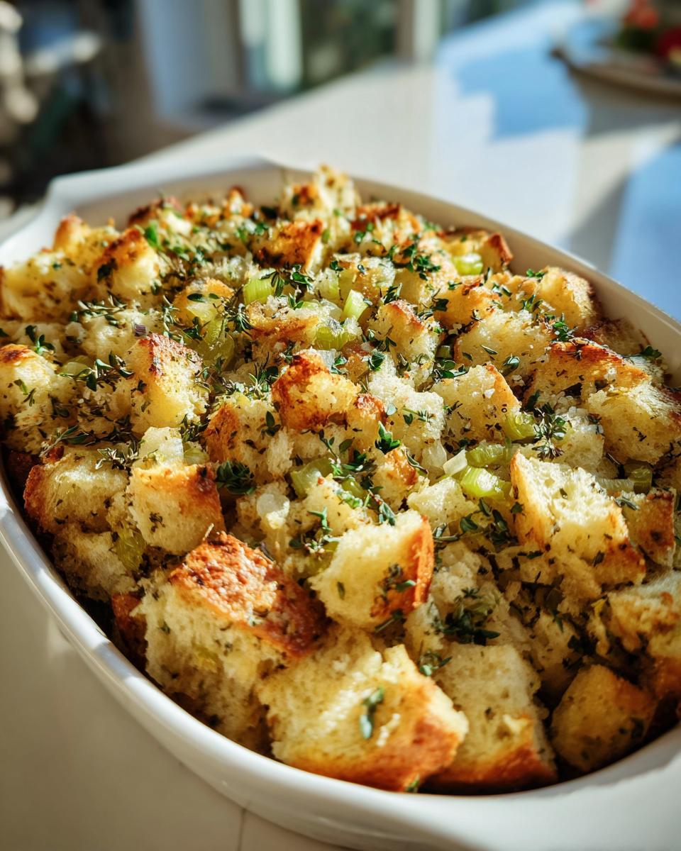 Close-up of a golden-brown herb stuffing in a white baking dish, topped with fresh herbs.
