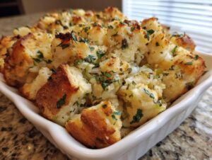 Close-up of a white baking dish filled with golden-brown herb stuffing, topped with fresh parsley.
