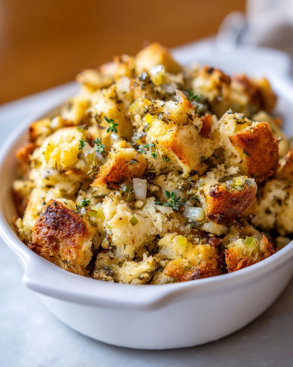 Close-up of a white dish filled with delicious herb stuffing, featuring toasted bread cubes and fresh herbs.
