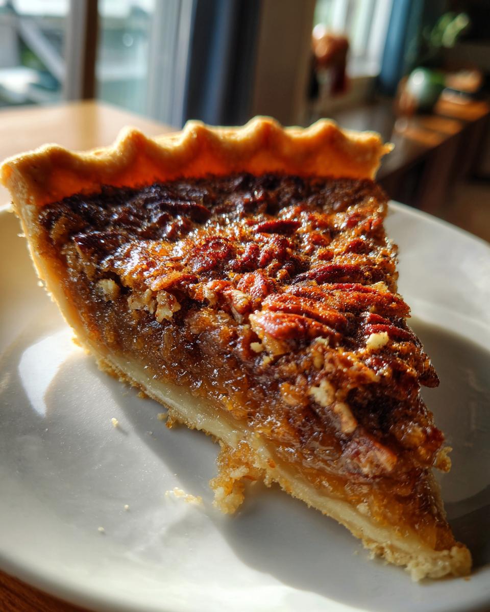 A close-up of a delicious slice of pecan pie, showcasing the flaky crust and gooey filling topped with whole pecans.