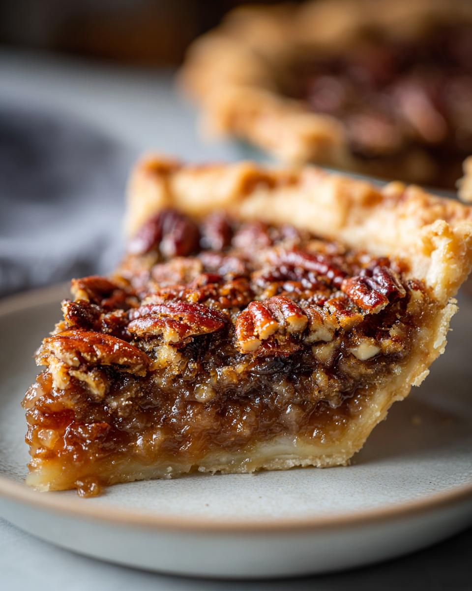 A close-up shot of a decadent slice of Pecan Pie, showcasing a flaky crust, gooey filling, and toasted pecans.