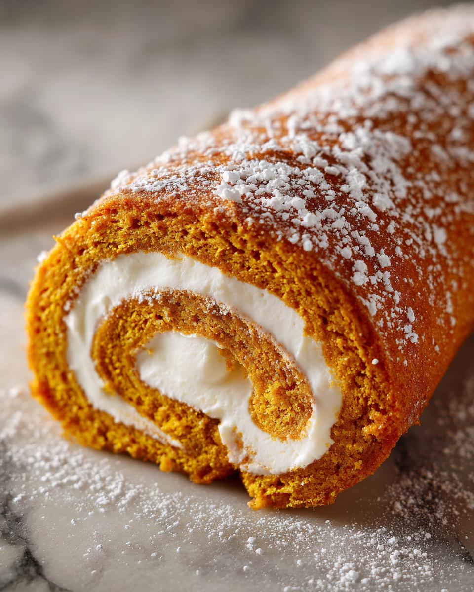 Close-up of a delicious pumpkin roll dusted with powdered sugar, revealing a swirl of creamy filling.