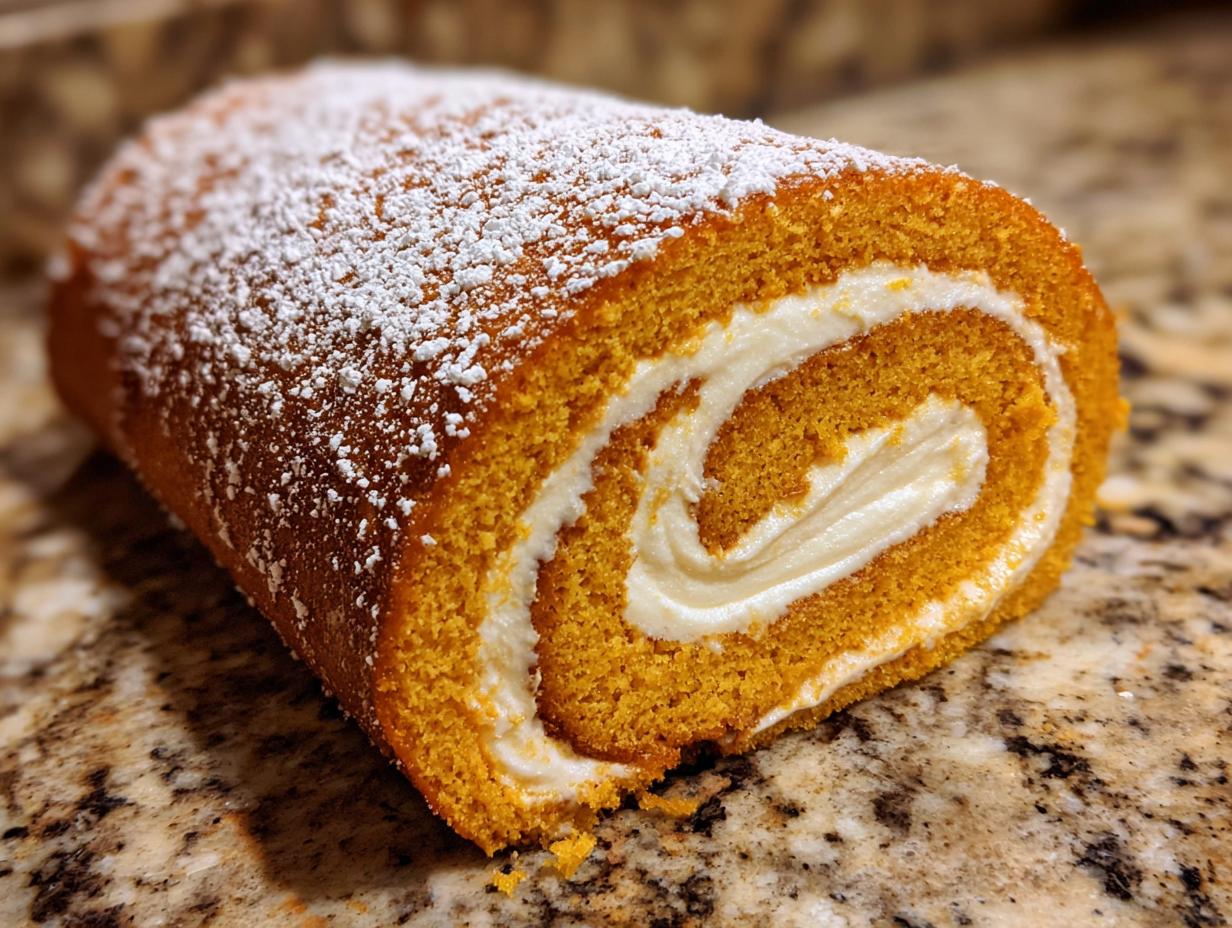 A close-up of a delicious pumpkin roll dusted with powdered sugar, showcasing its creamy filling.