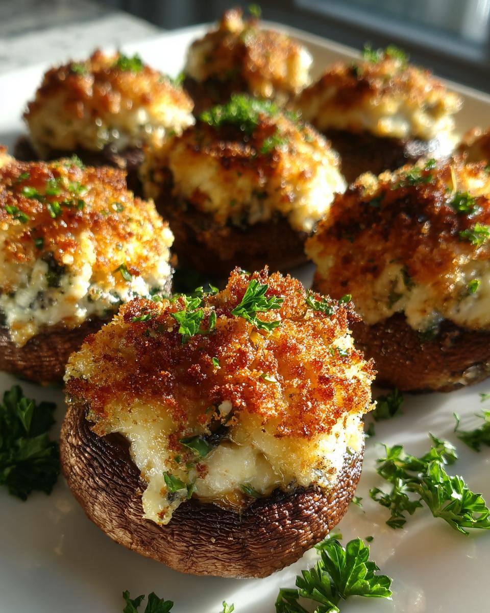 Close-up of golden brown stuffed mushrooms, topped with breadcrumbs and fresh parsley, ready to be served.